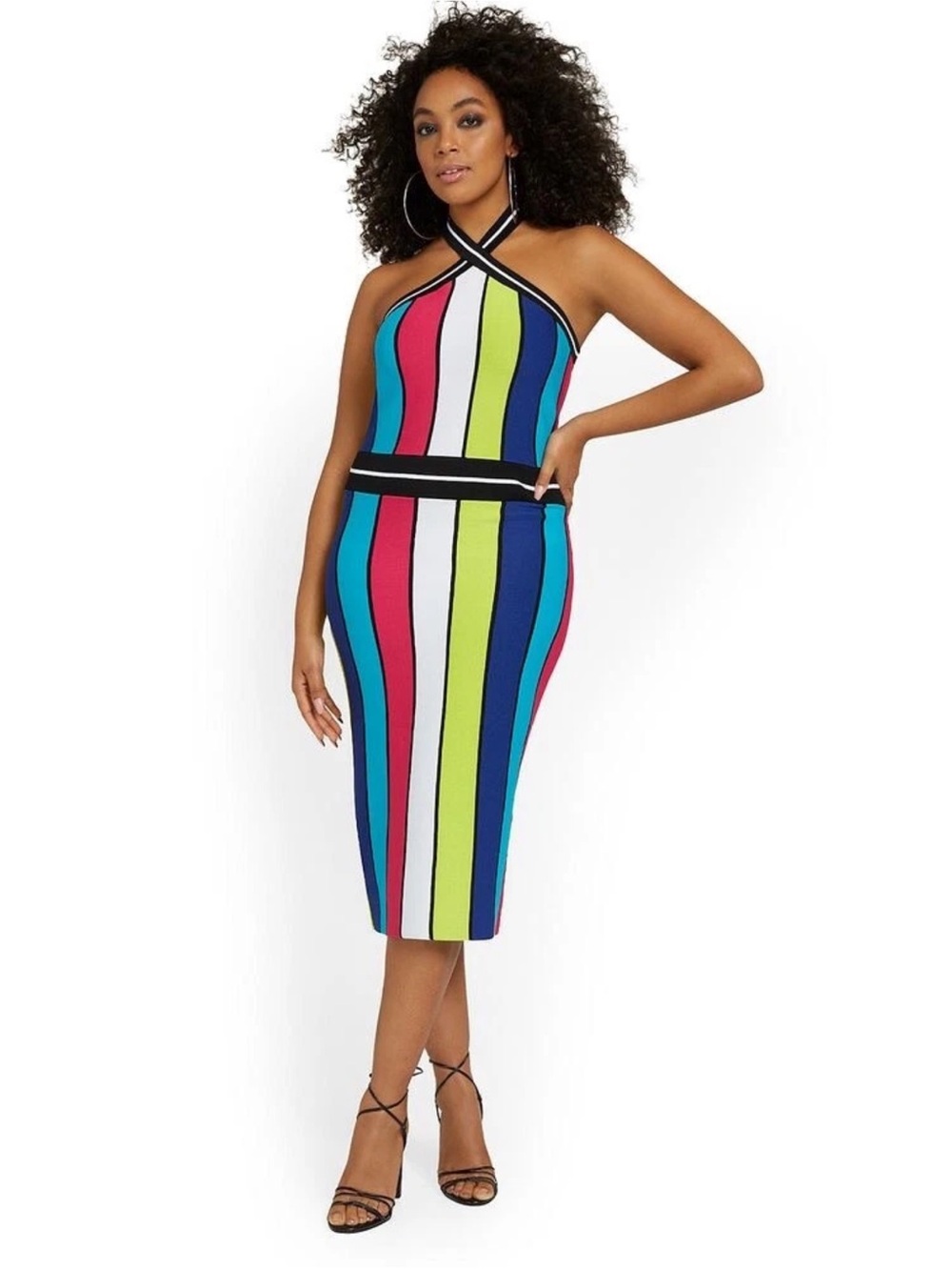 Halter-Neck Multi-Color Striped Bodycon Dress